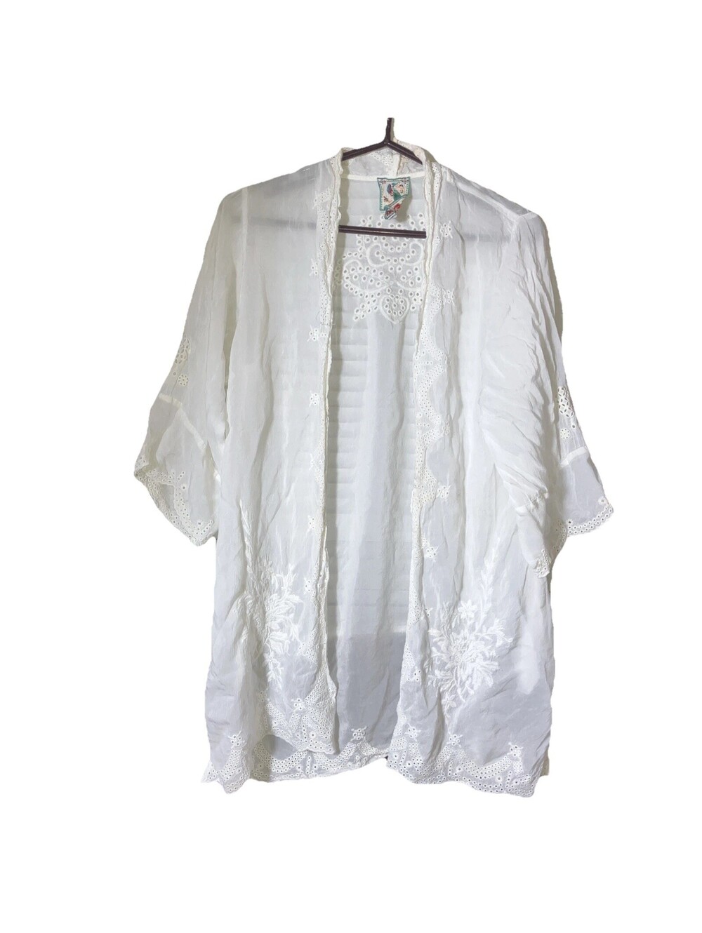 Johnny Was Ivory Embroidery & Lace Kimono Size S Bohemian Shear Eyelet Open